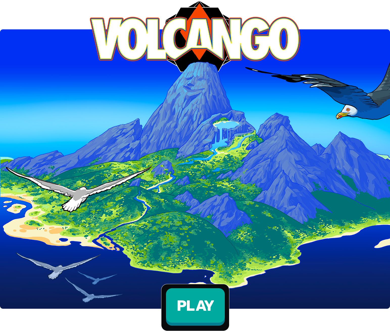 Painterly, cel-shaded digital art of a volcanic tropical island with the title 'Volcango' on top. Seagulls fly to the island.